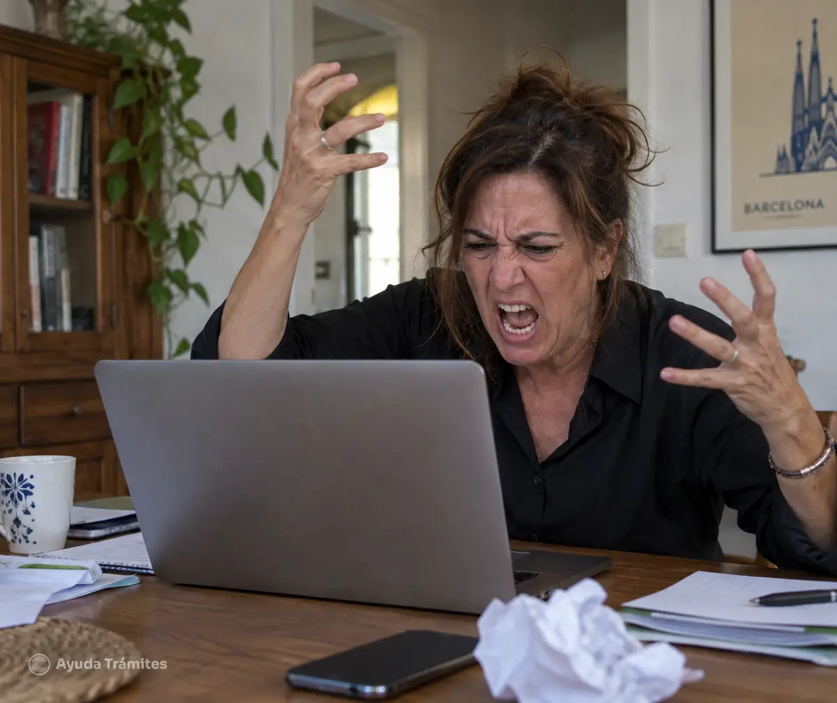A frustrated woman uses a computer to manage a digital certificate for Cl@ve | Ayuda Trámites