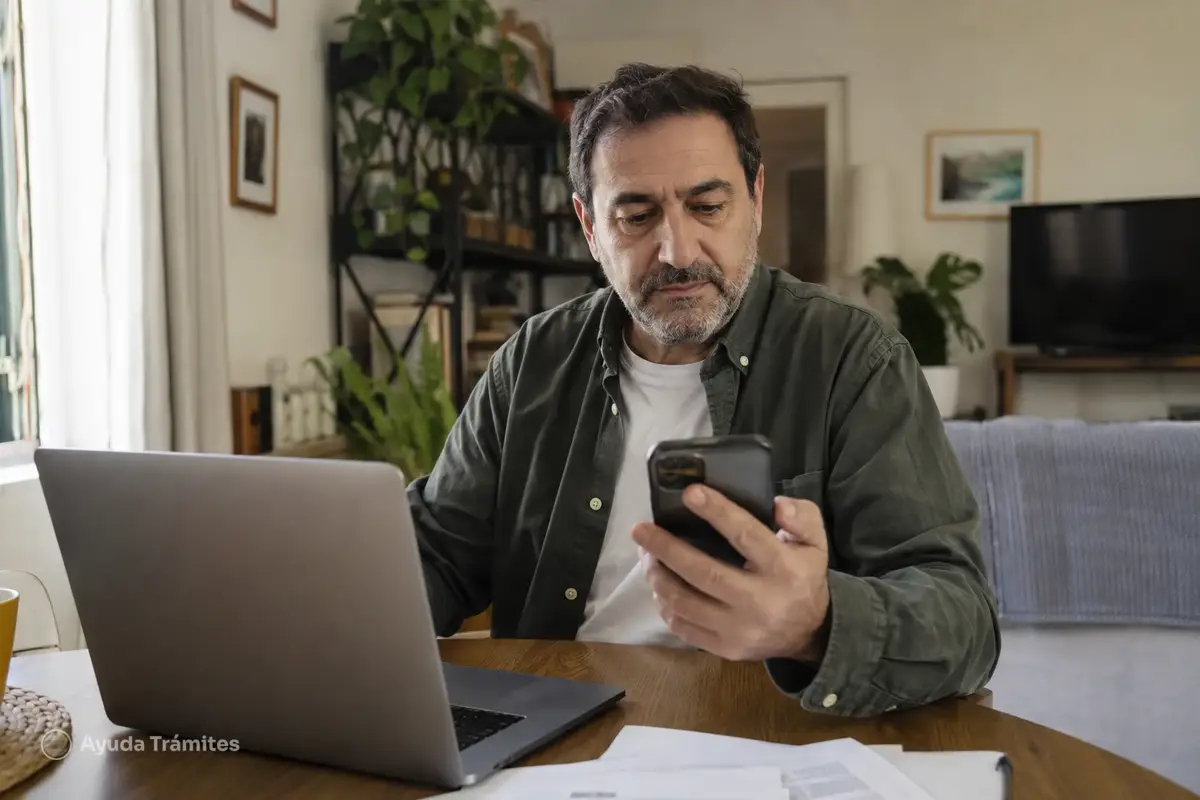 A man uses a laptop and phone to access public services with Cl@ve | Ayuda Trámites