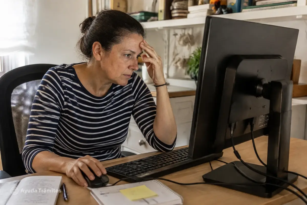 A middle-aged woman looks frustrated while trying to book an online appointment | Ayuda Trámites
