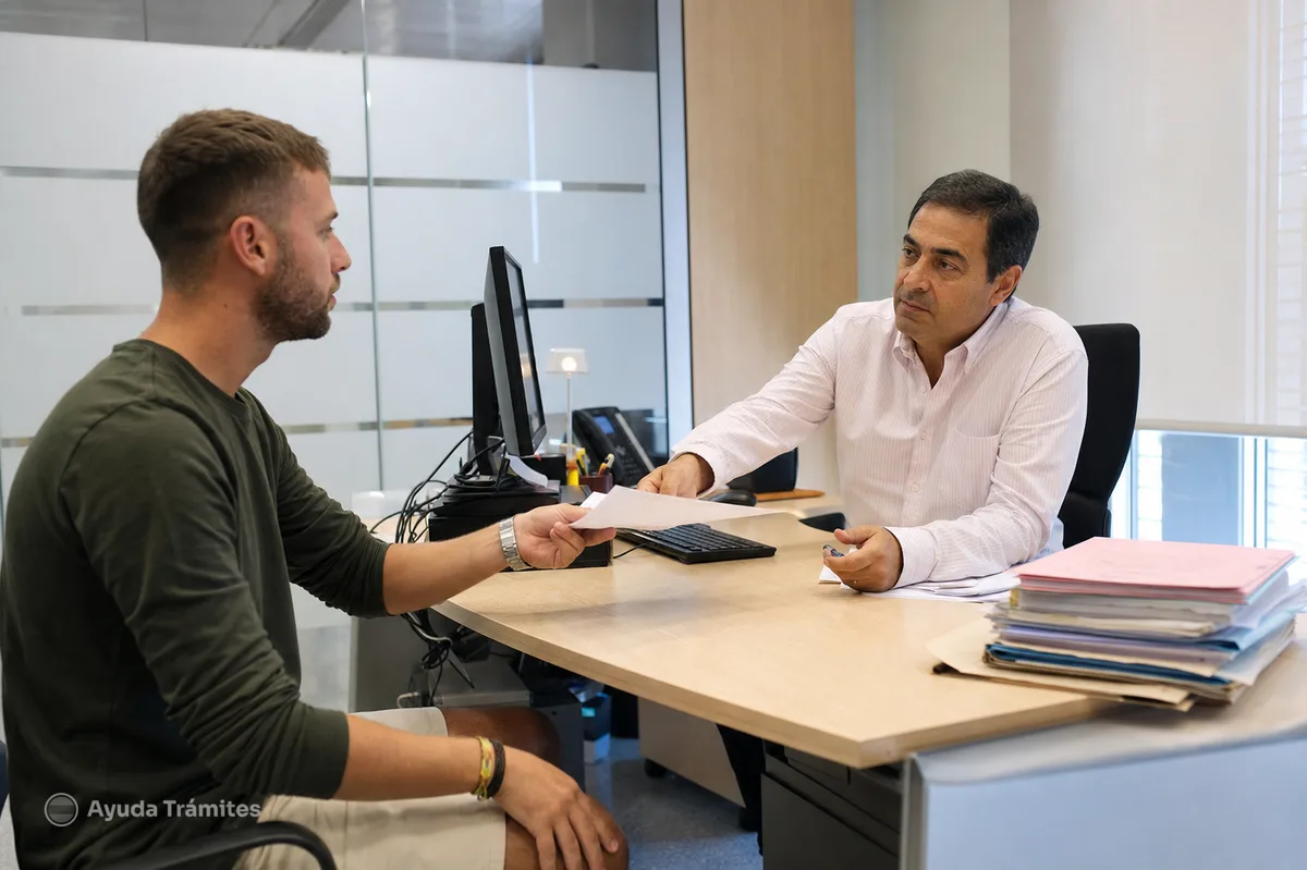 An official reviews papers with a young man at an office desk | Ayuda Trámites