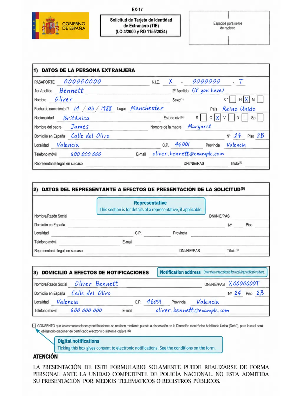 Completed sample of Spanish form EX-17 with fictitious data
