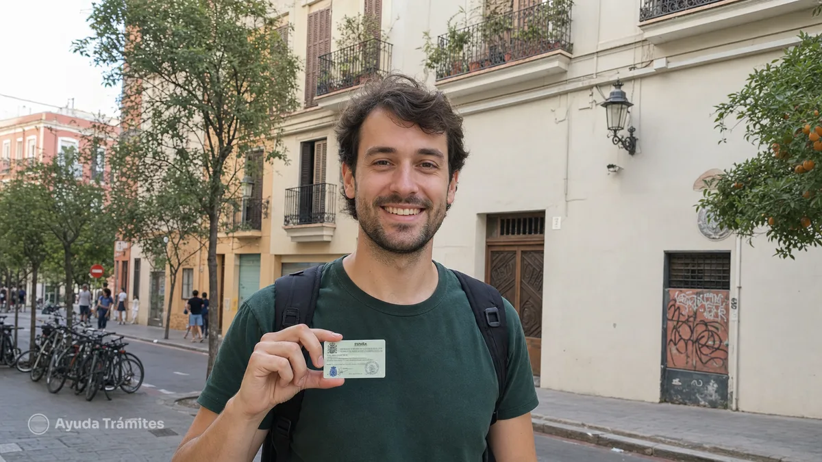 Happy expat showing his NIE card