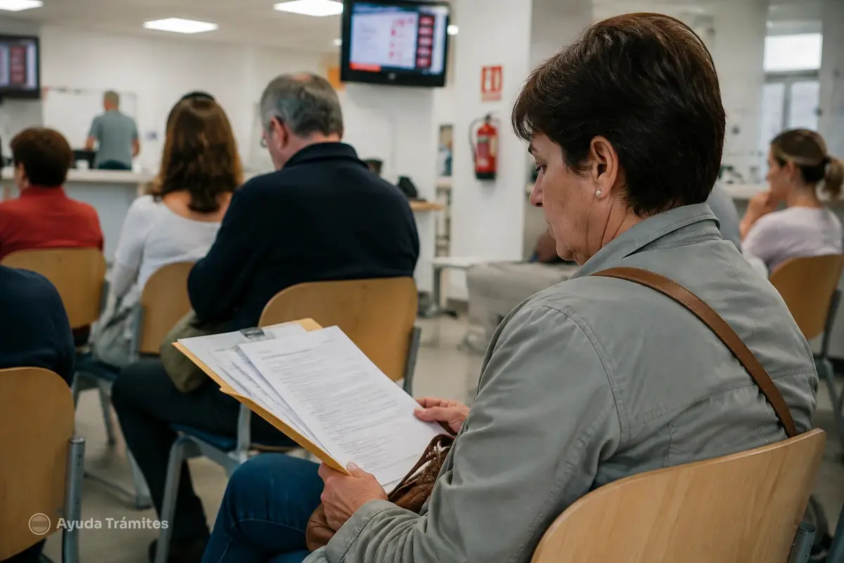A woman reads a letter while she waits in a public office | Ayuda Trámites