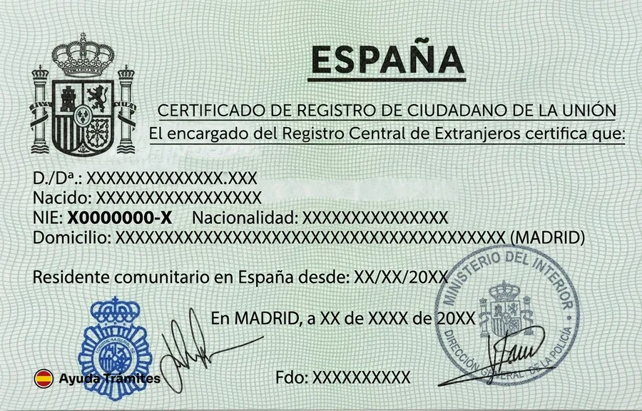 Sample of the Spanish NIE certificate (Certificado de Registro de Ciudadano de la Union) with the NIE number field