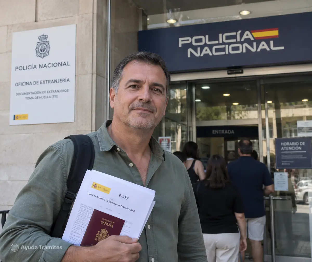 A National Police officer handles immigration and passport paperwork | Ayuda Trámites