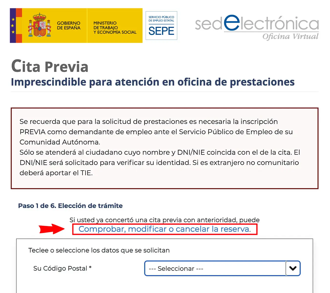 SEPE Cita Previa page with the link Comprobar, modificar o cancelar la reserva highlighted