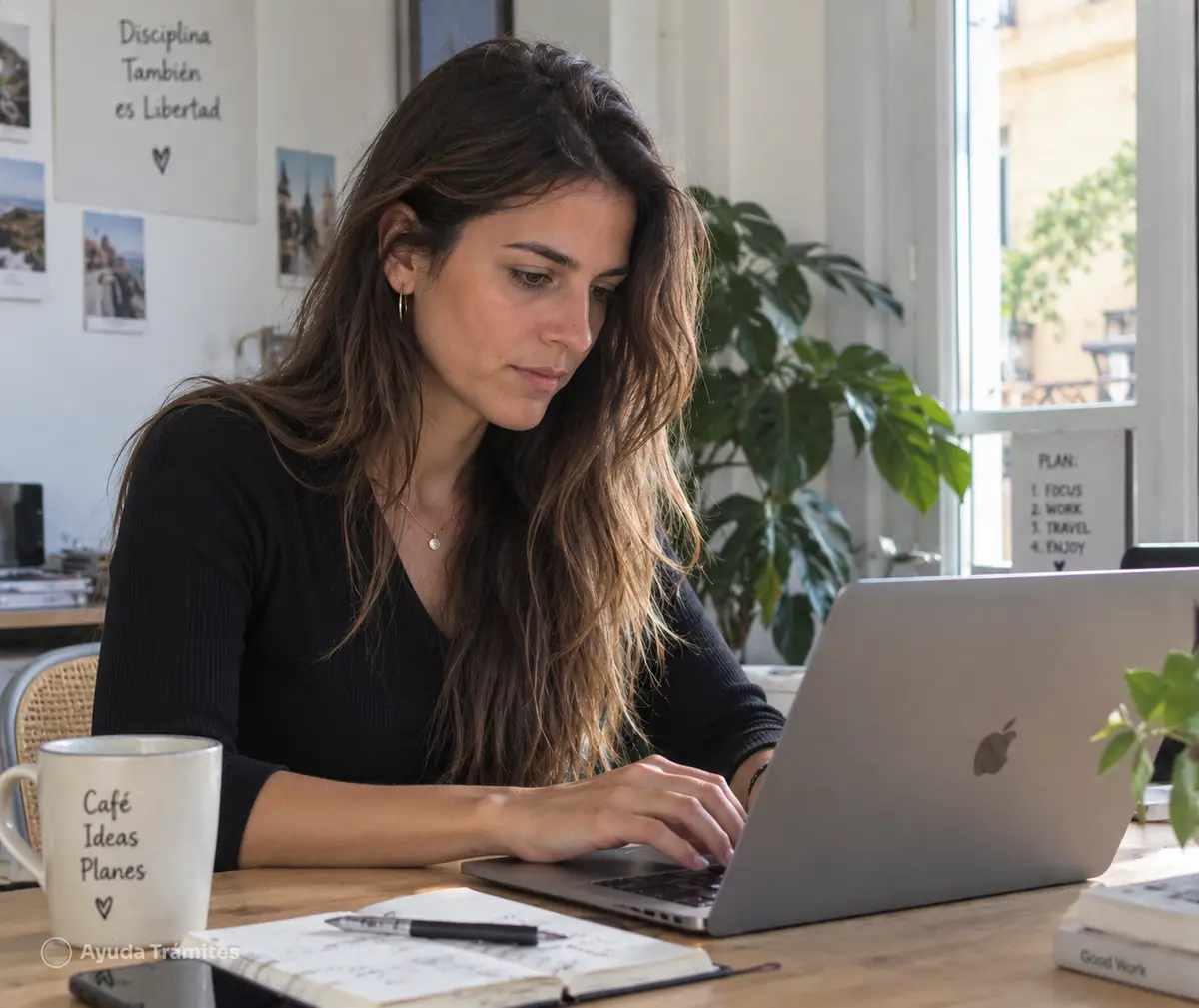 A woman uses her digital certificate on a laptop to do paperwork online | Ayuda Trámites
