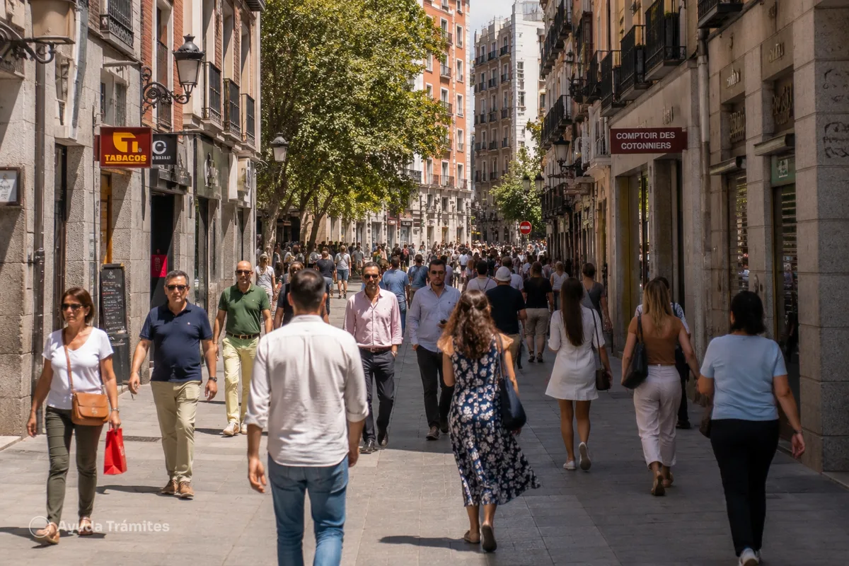 People walking along a busy street in a Spanish city.