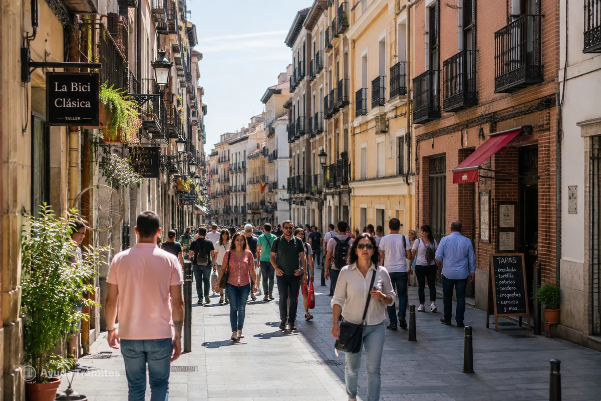 People walking along a lively street in a Spanish city.