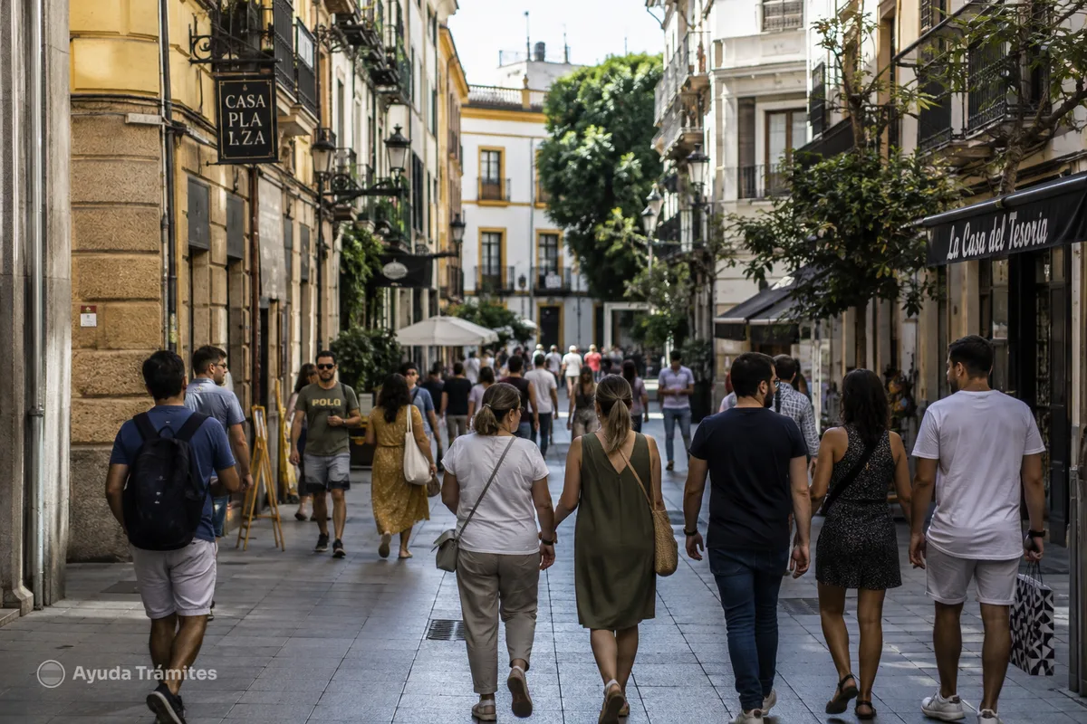 People walking through a busy pedestrian street in Spain.
