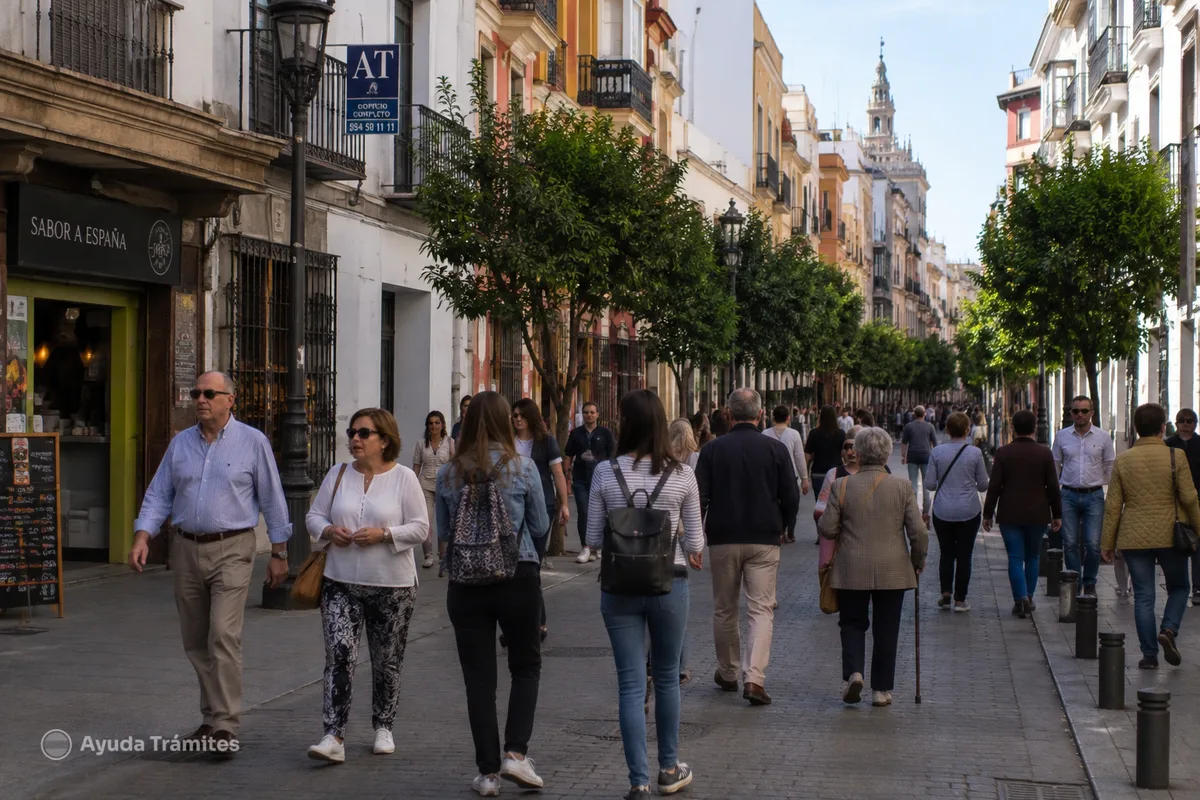Pedestrians on an urban street in Spain.
