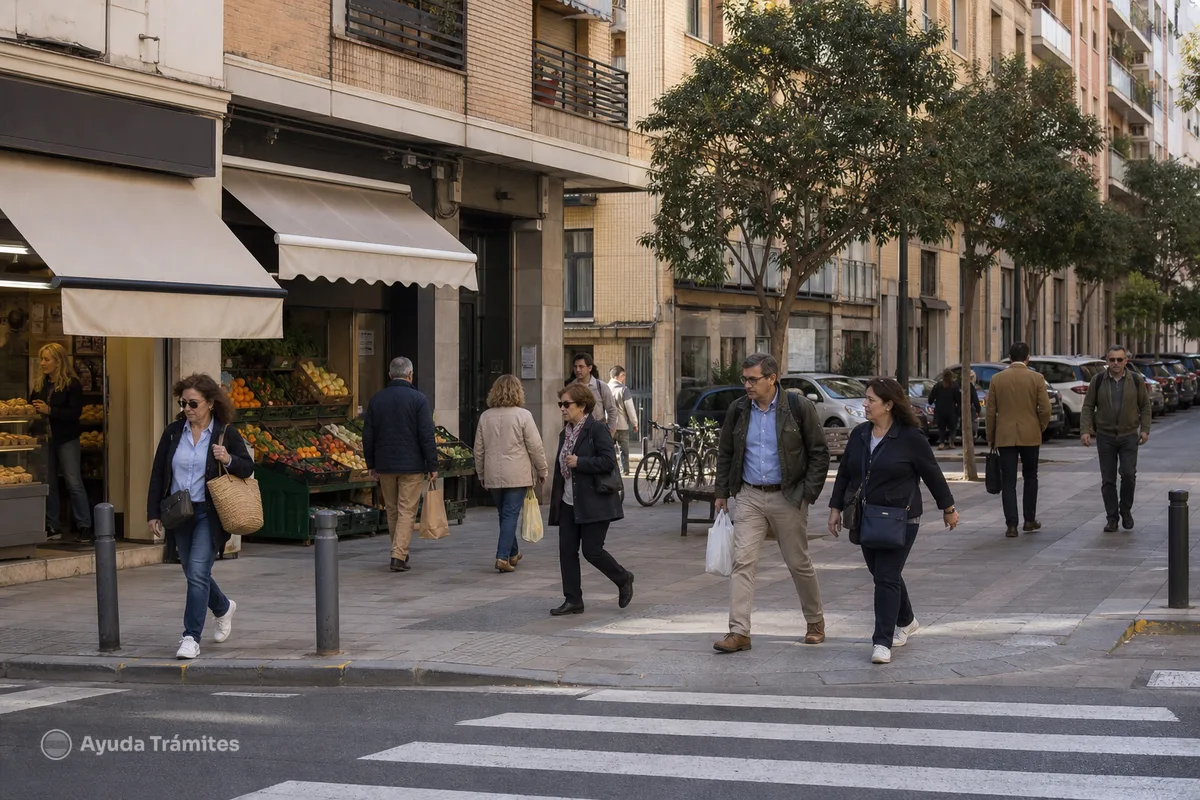 People crossing a street in a Spanish city.