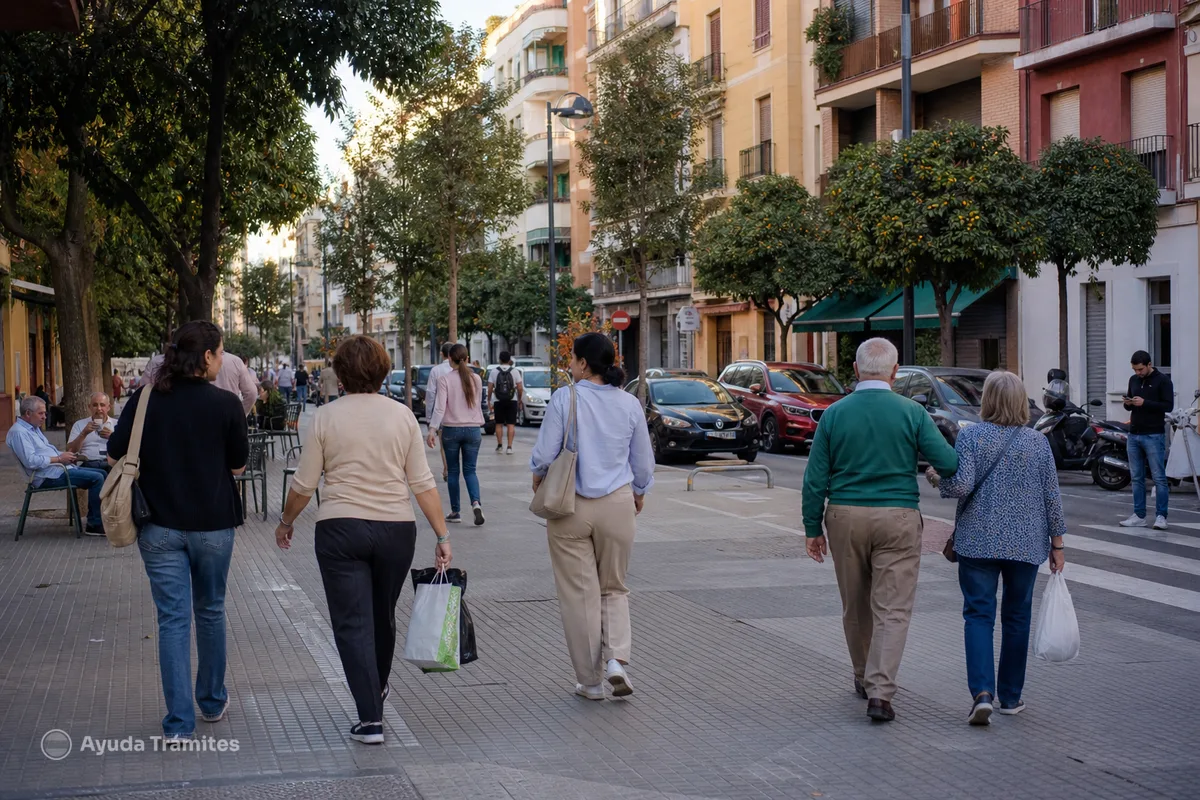 People walking along a tree-lined street in Spain.