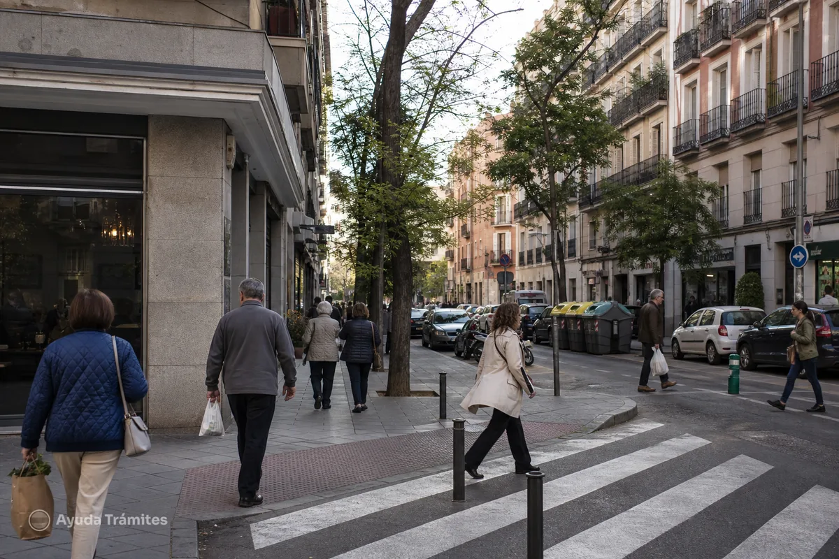 Pedestrians crossing an urban street in Spain.
