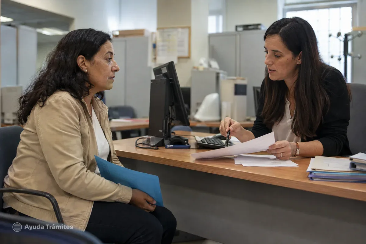 A visitor speaking with an adviser at a public employment SEPE office in Spain.