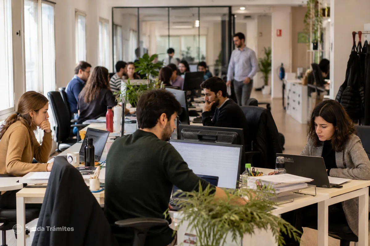 Employees working together in a modern office in Spain.