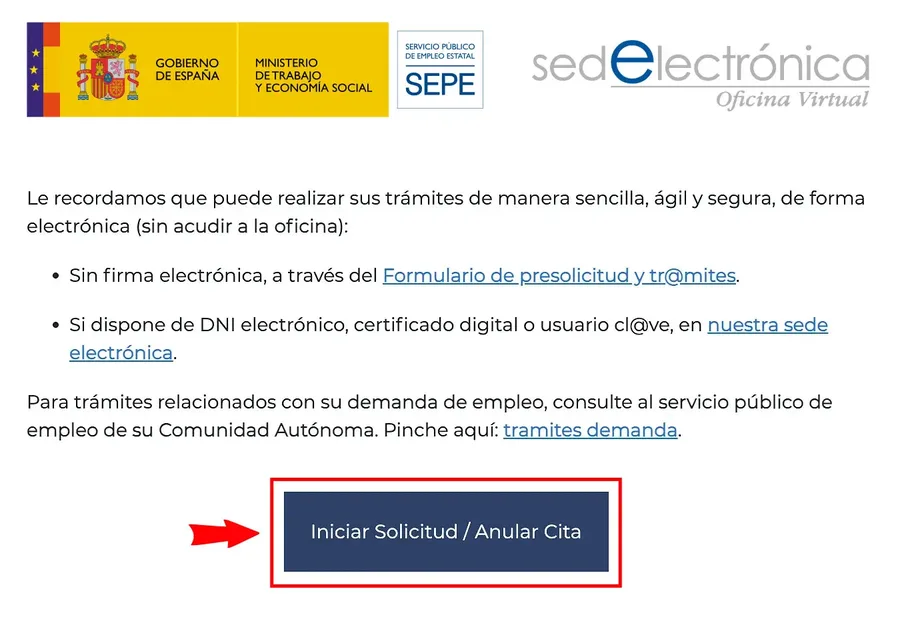 SEPE Cita Previa page with the button Iniciar Solicitud / Anular Cita | Ayuda Trámites