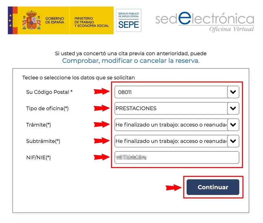 SEPE booking form asking for postcode, office type, procedure and identification number | Ayuda Trámites