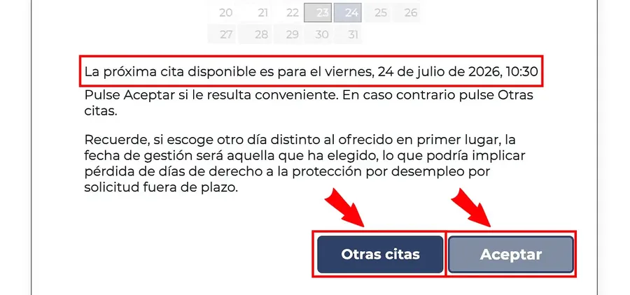 SEPE booking screen suggesting the soonest available appointment date and time | Ayuda Trámites