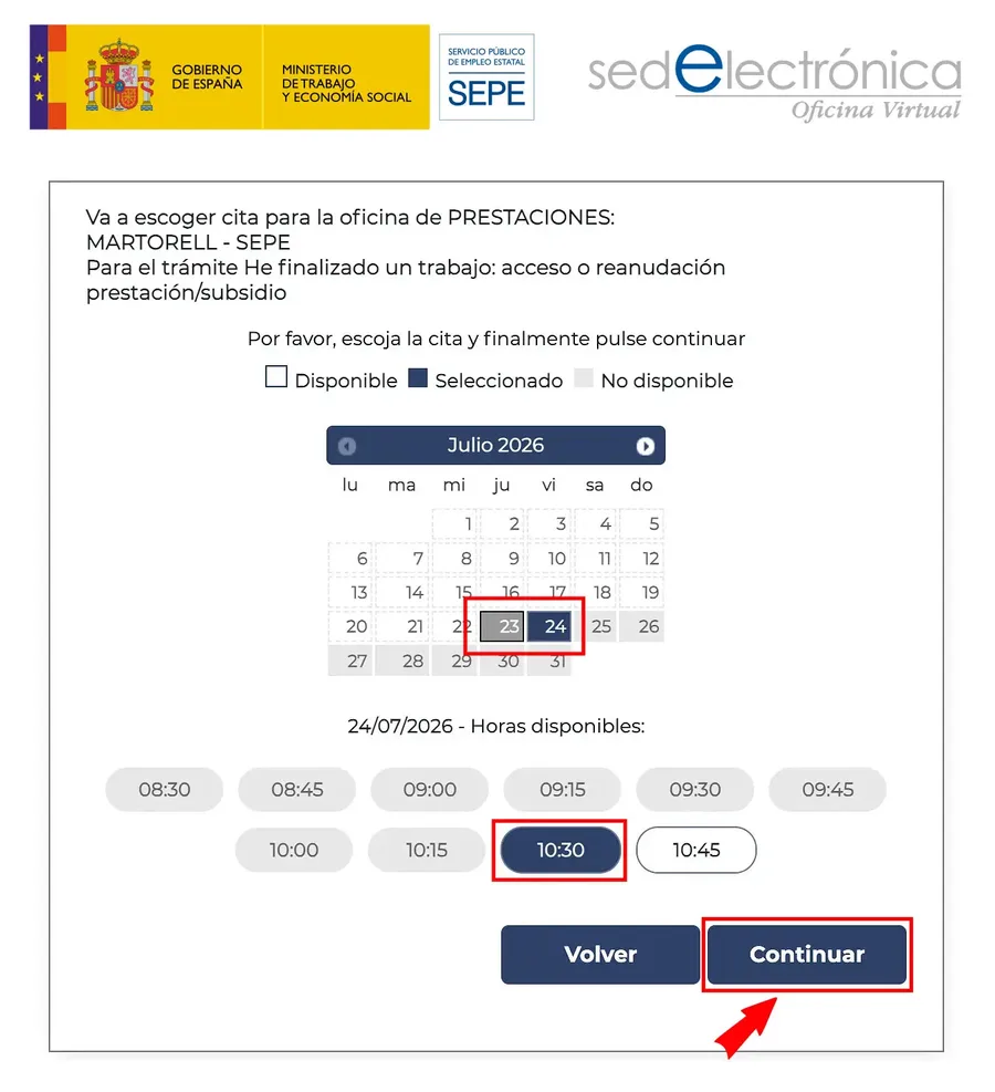 SEPE calendar with alternative days and time slots after selecting Otras Citas | Ayuda Trámites