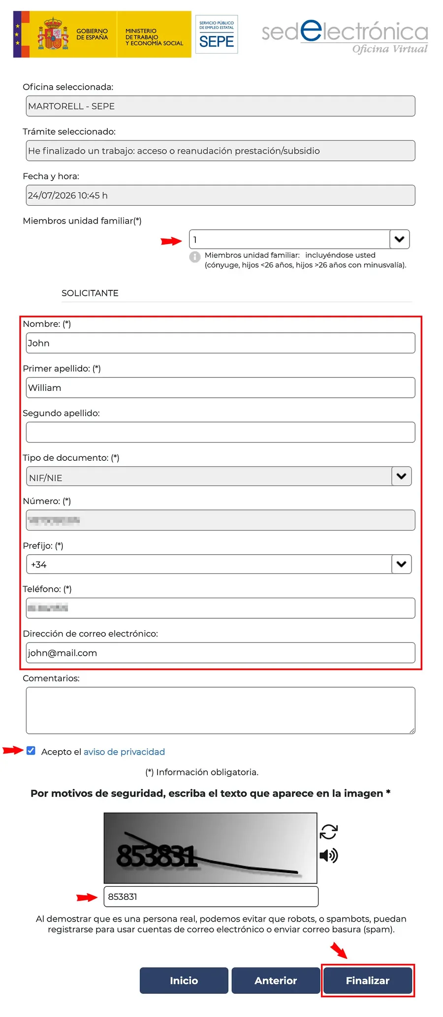 SEPE booking form asking for personal details such as name, surname and mobile number | Ayuda Trámites