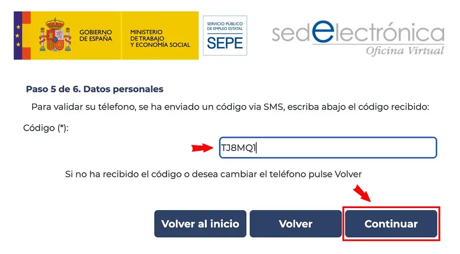 SEPE verification screen asking for the SMS code sent to your mobile phone | Ayuda Trámites