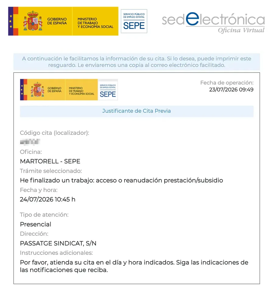 SEPE confirmation screen with the appointment details and locator code | Ayuda Trámites